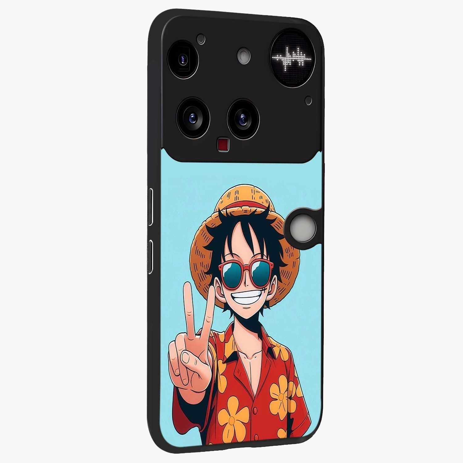 Luffy Summer Anime Vibe Glass Case upright view showcasing dynamic anime artwork with bright adventurous theme.
