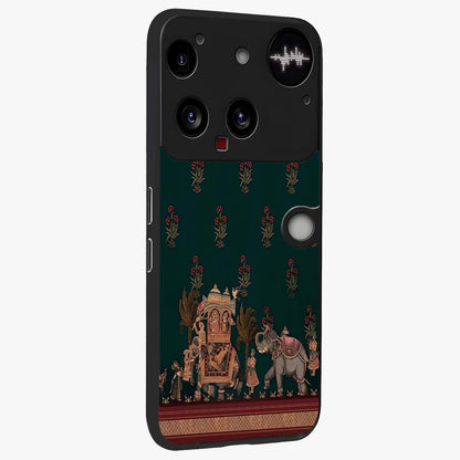 Macmerise Glass Case upright view showcasing bold artistic artwork with contemporary design theme.