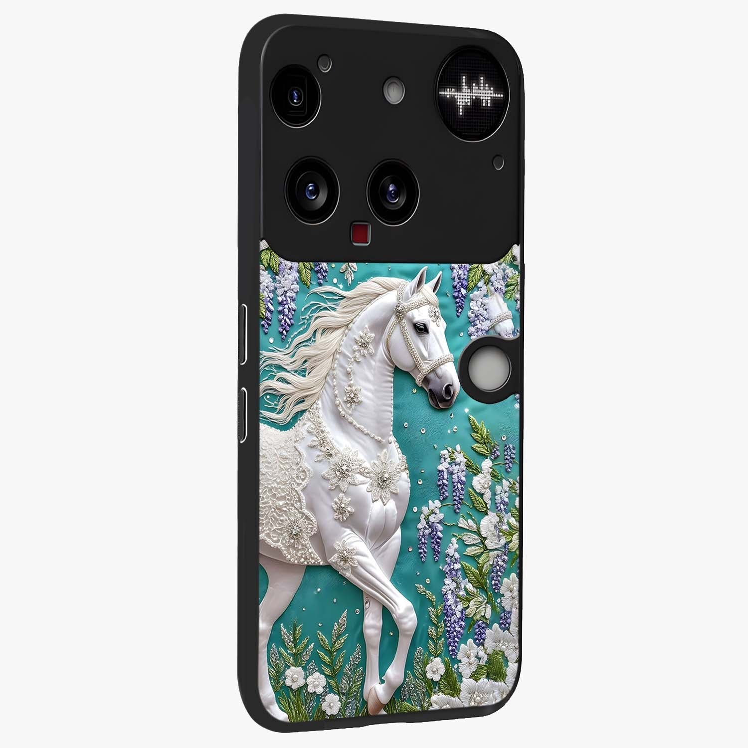 Majestic Floral Stallion Glass Case upright view showcasing dramatic horse artwork with decorative floral theme.