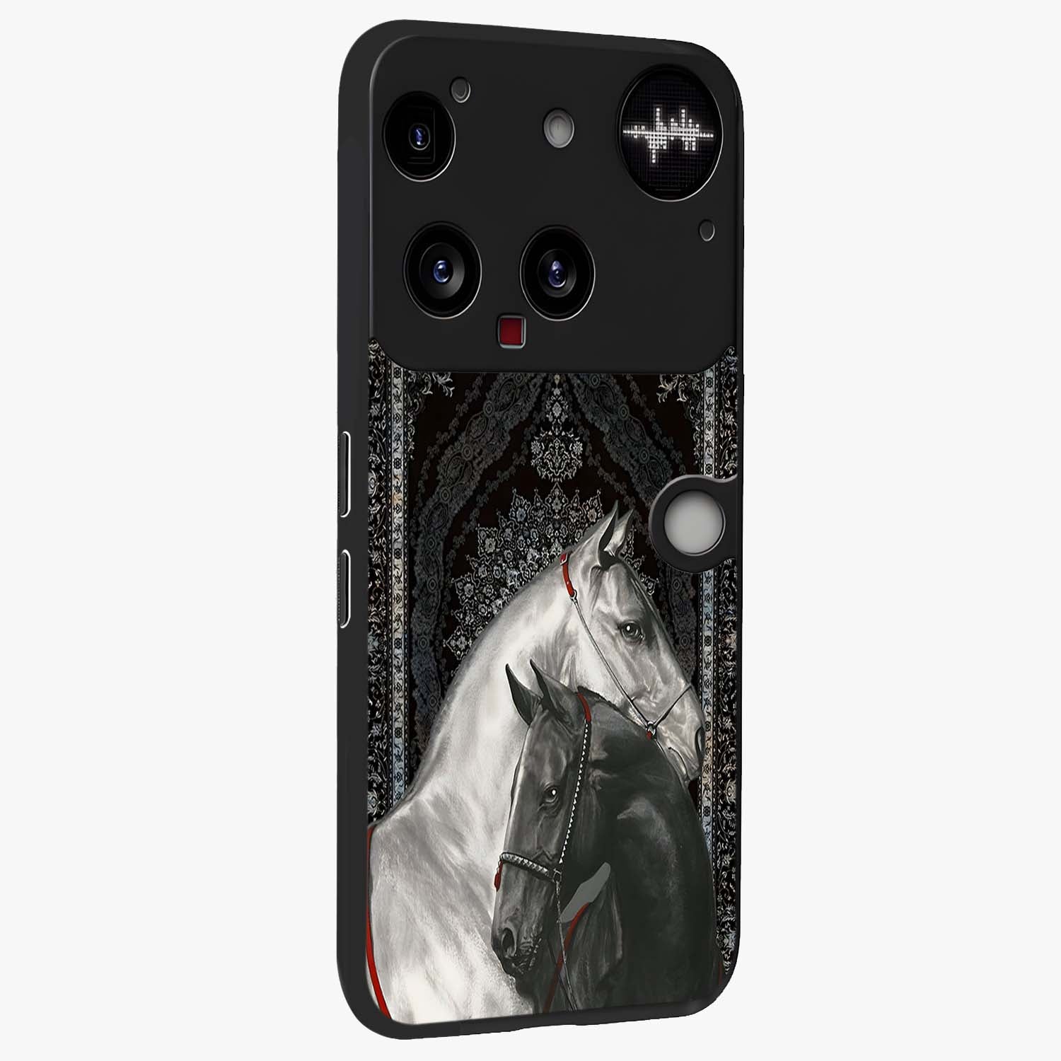Majestic Ride Legacy Glass Case upright view showcasing dynamic ride inspired artwork with modern automotive theme.