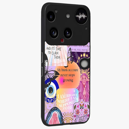 Manifestation Collage Glass Case upright view showcasing artistic manifestation themed artwork with creative style.