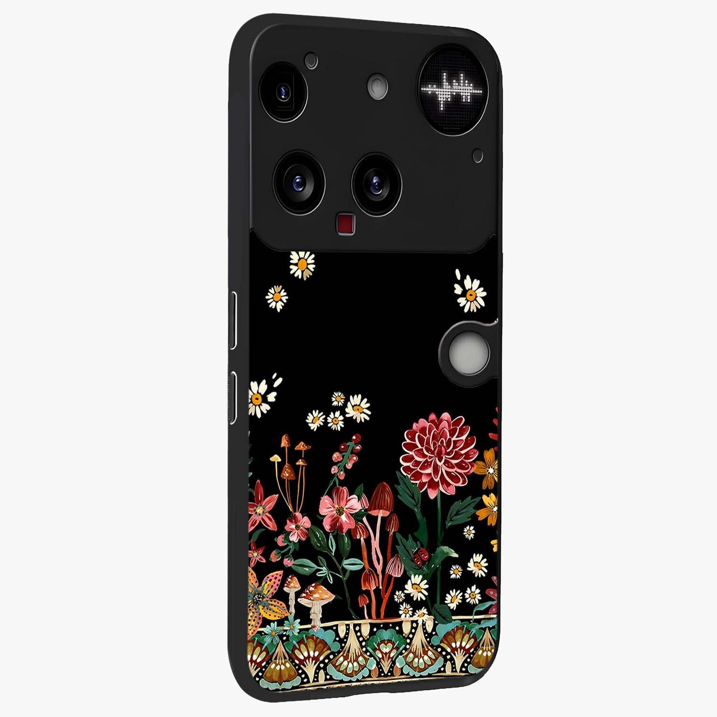 Midnight Bloom Pattern Glass Case upright view showcasing decorative floral artwork with deep night themed palette.