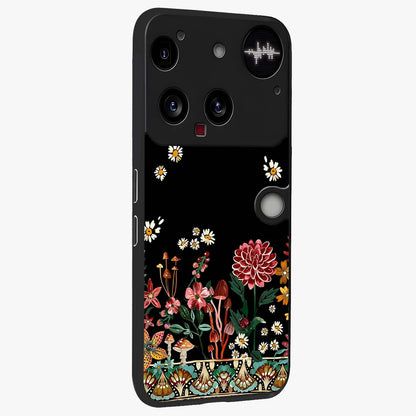 Midnight Bloom Pattern Glass Case upright view showcasing decorative floral artwork with deep night themed palette.