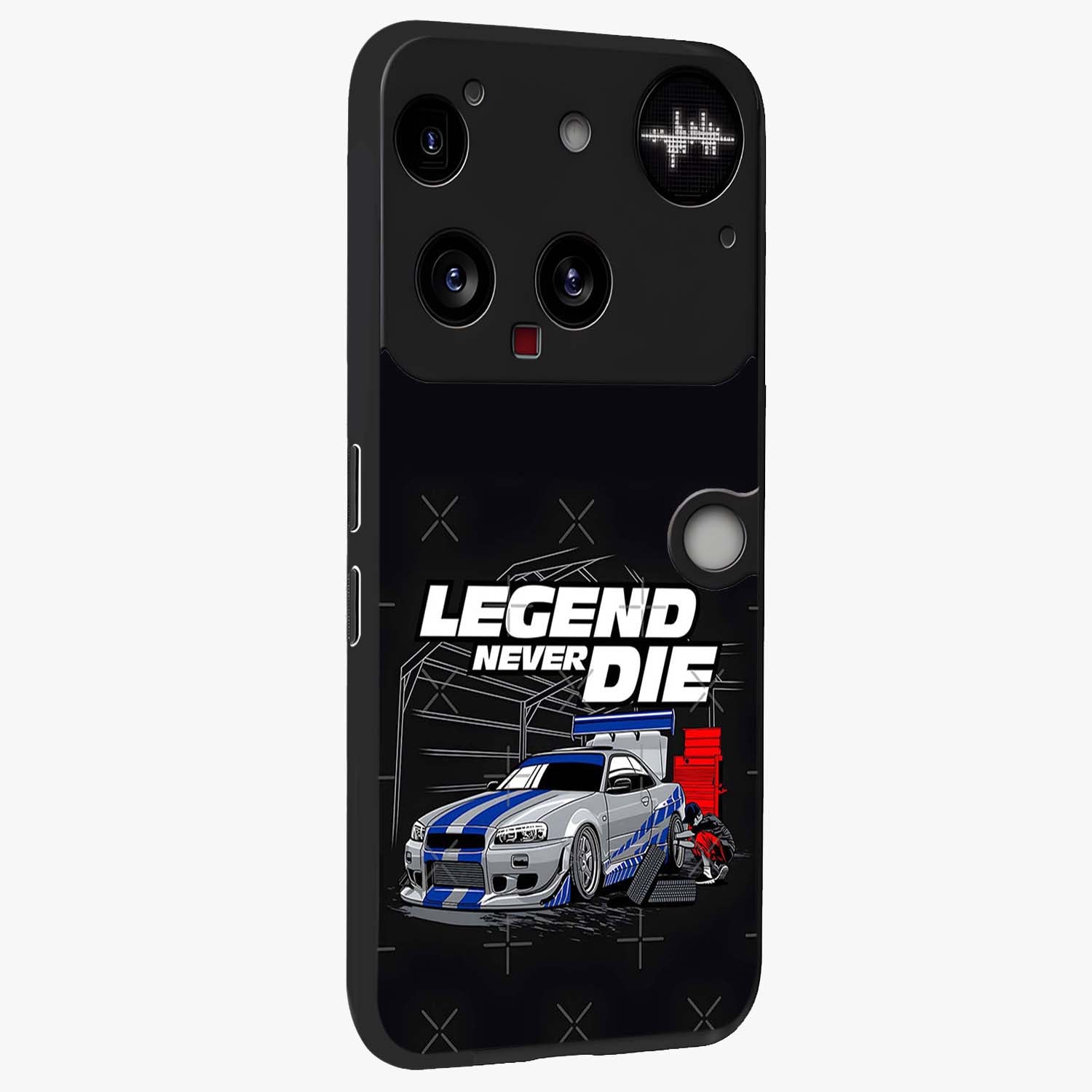 Midnight Racing Legacy Glass Case upright view showcasing powerful racing artwork with modern sports theme.