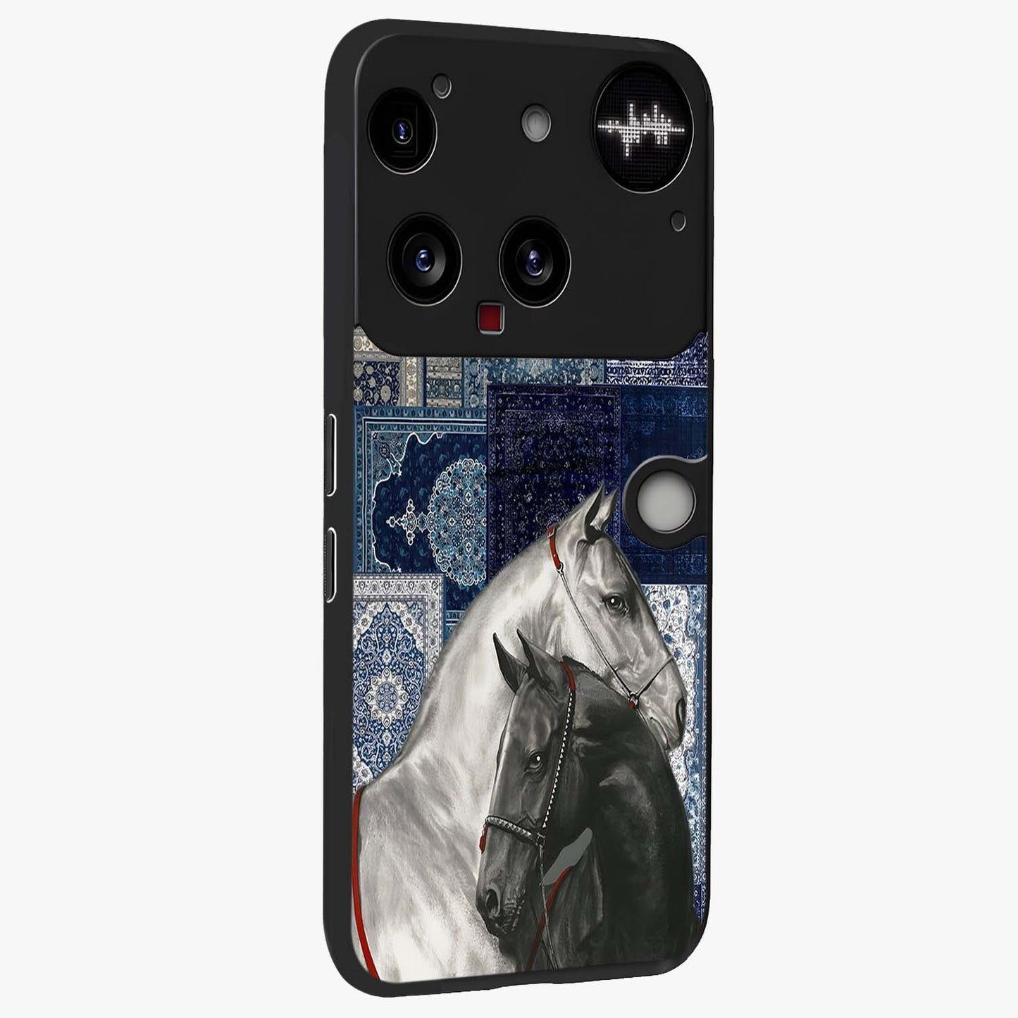 Midnight Stallion Blues Glass Case upright view showcasing dramatic horse artwork with bold artistic theme.