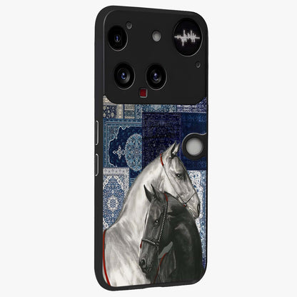 Midnight Stallion Blues Glass Case upright view showcasing dramatic horse artwork with bold artistic theme.