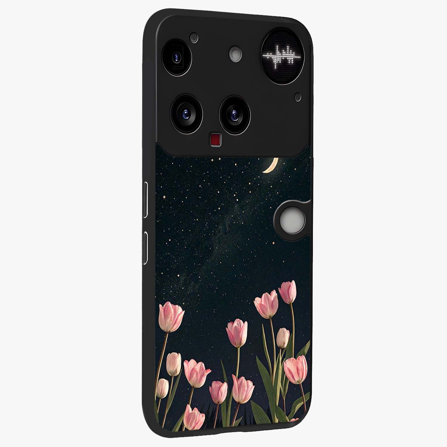 Midnight Tulip Whispers Vibe Glass Case upright view showcasing graceful tulip artwork with calm botanical theme.
