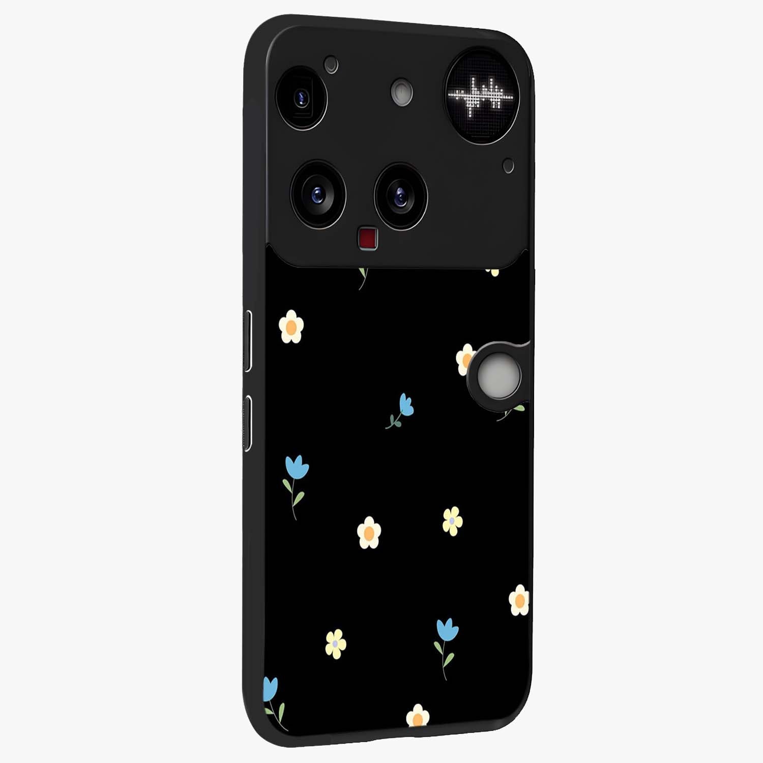 Minimal Petal Whispers Glass Case upright view showcasing elegant floral artwork with modern minimalist style.