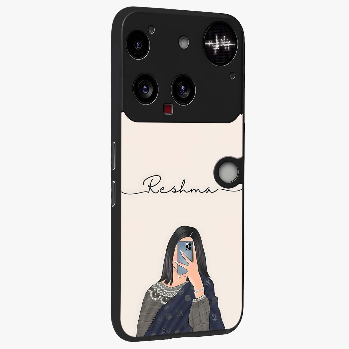 Mirror Mood Muse With Custom Name Glass Case upright view showcasing artistic mirror themed artwork with personalized aesthetic.