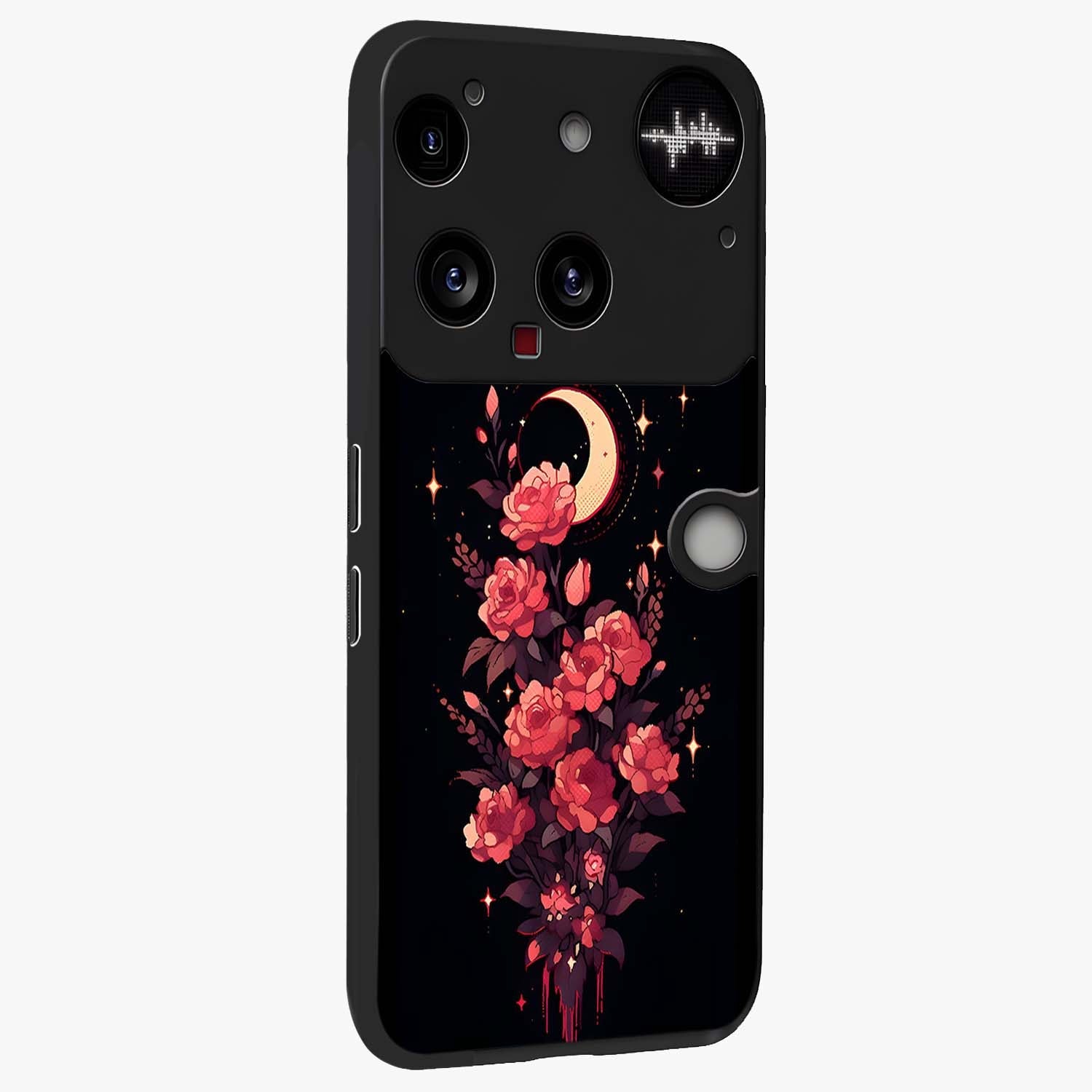 Moonlit Floral Elegance Glass Case upright view showcasing delicate floral artwork with refined night inspired theme.