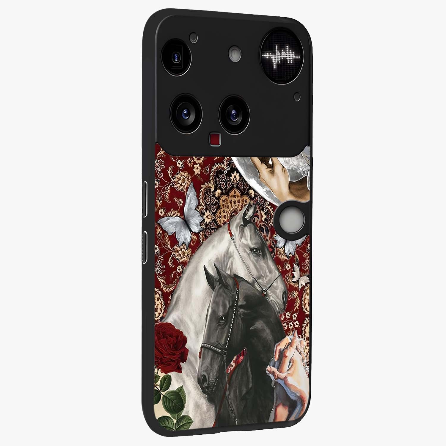 Moonlit Royal Stallion Glass Case upright view showcasing dramatic horse artwork with glowing moon themed design.
