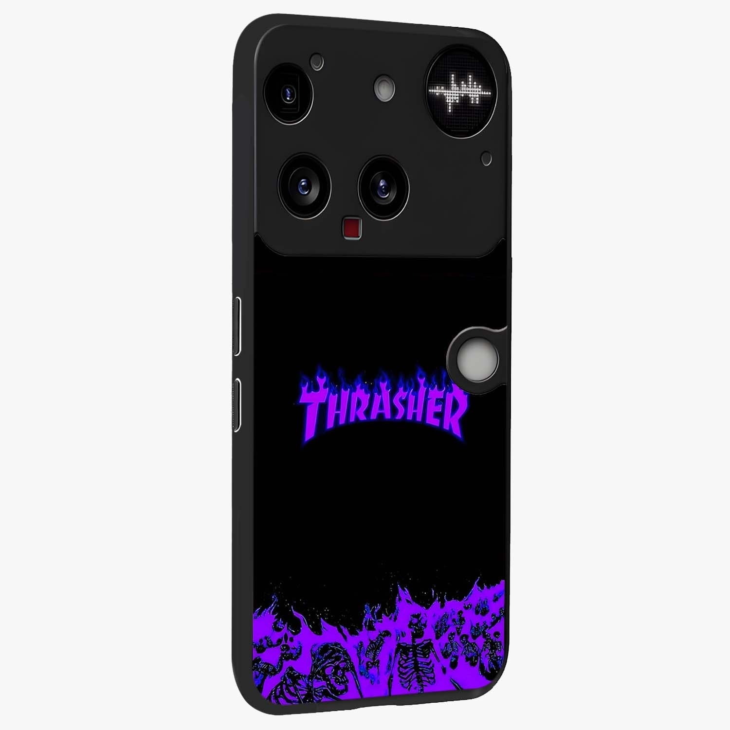 Neon Flame Riot Glass Case upright view showcasing dynamic flame artwork with energetic neon theme.