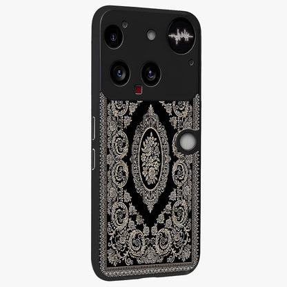 Noir Bloom Elegance Glass Case upright view showcasing graceful floral artwork with luxurious dark theme.