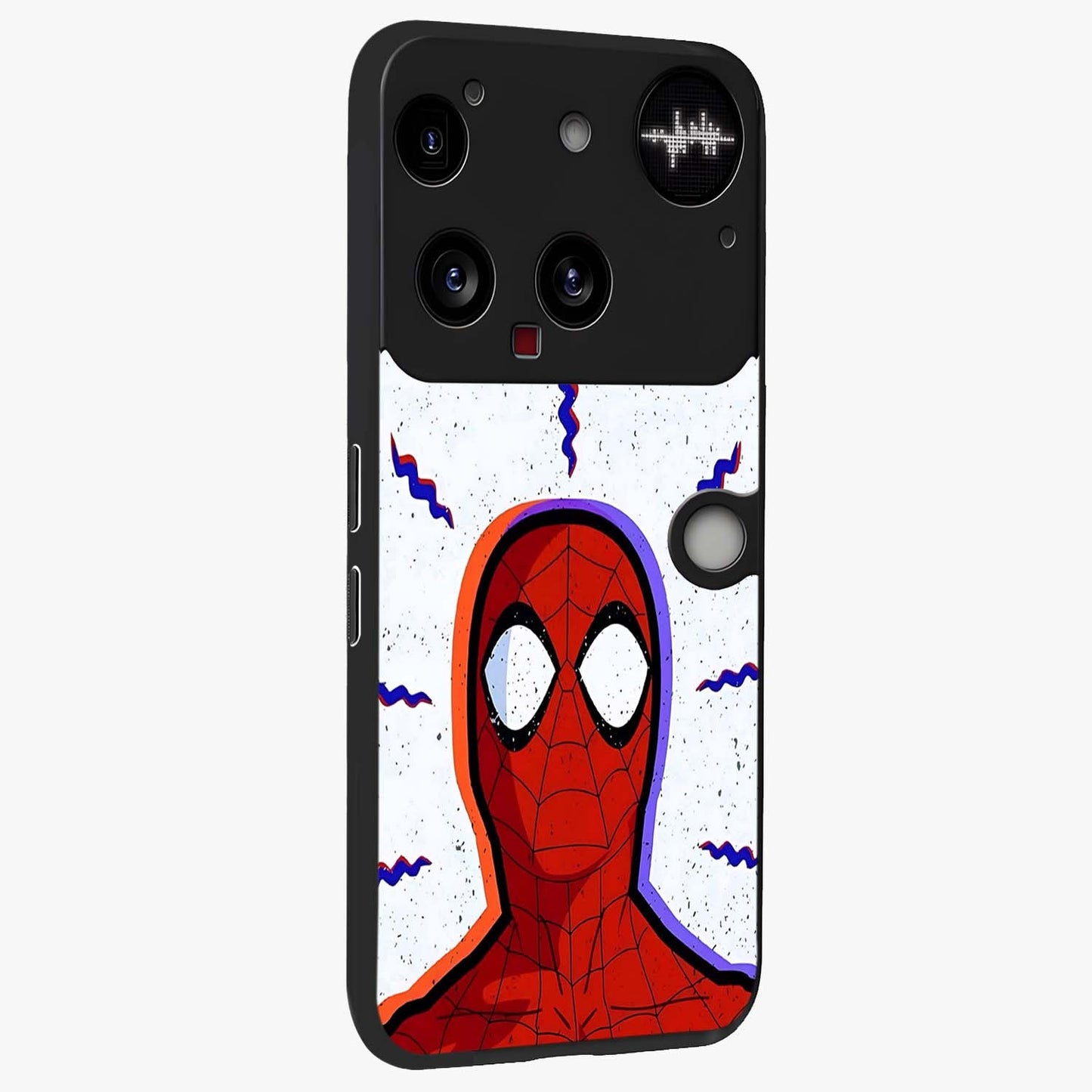 Omg Spiderman Glass Case upright view showcasing energetic superhero artwork with vibrant comic theme.