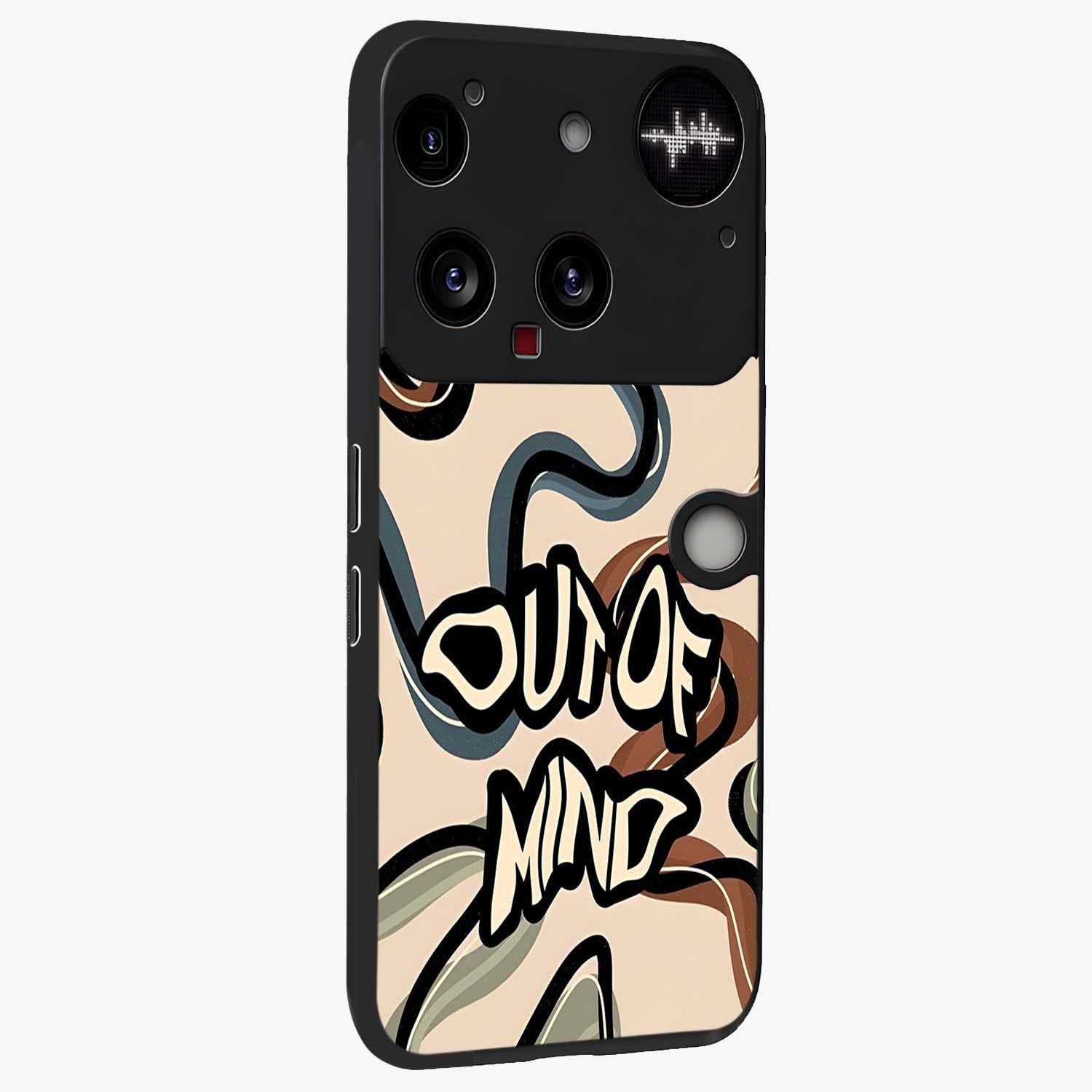 Out Of Mind Glass Case upright view showcasing striking typography artwork with edgy conceptual theme.