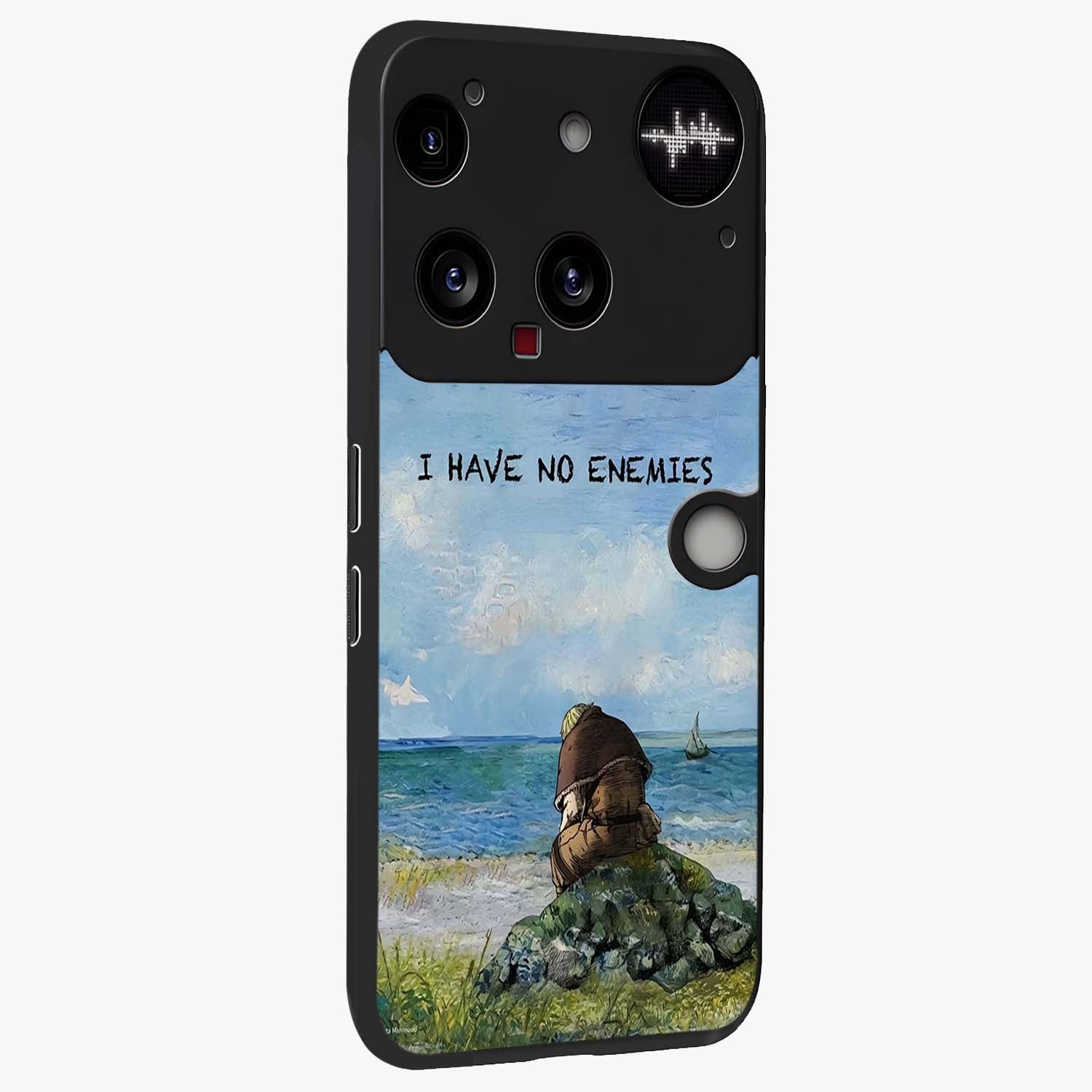 Peace Beyond War Glass Case upright view showcasing powerful peace symbol artwork with inspirational theme.