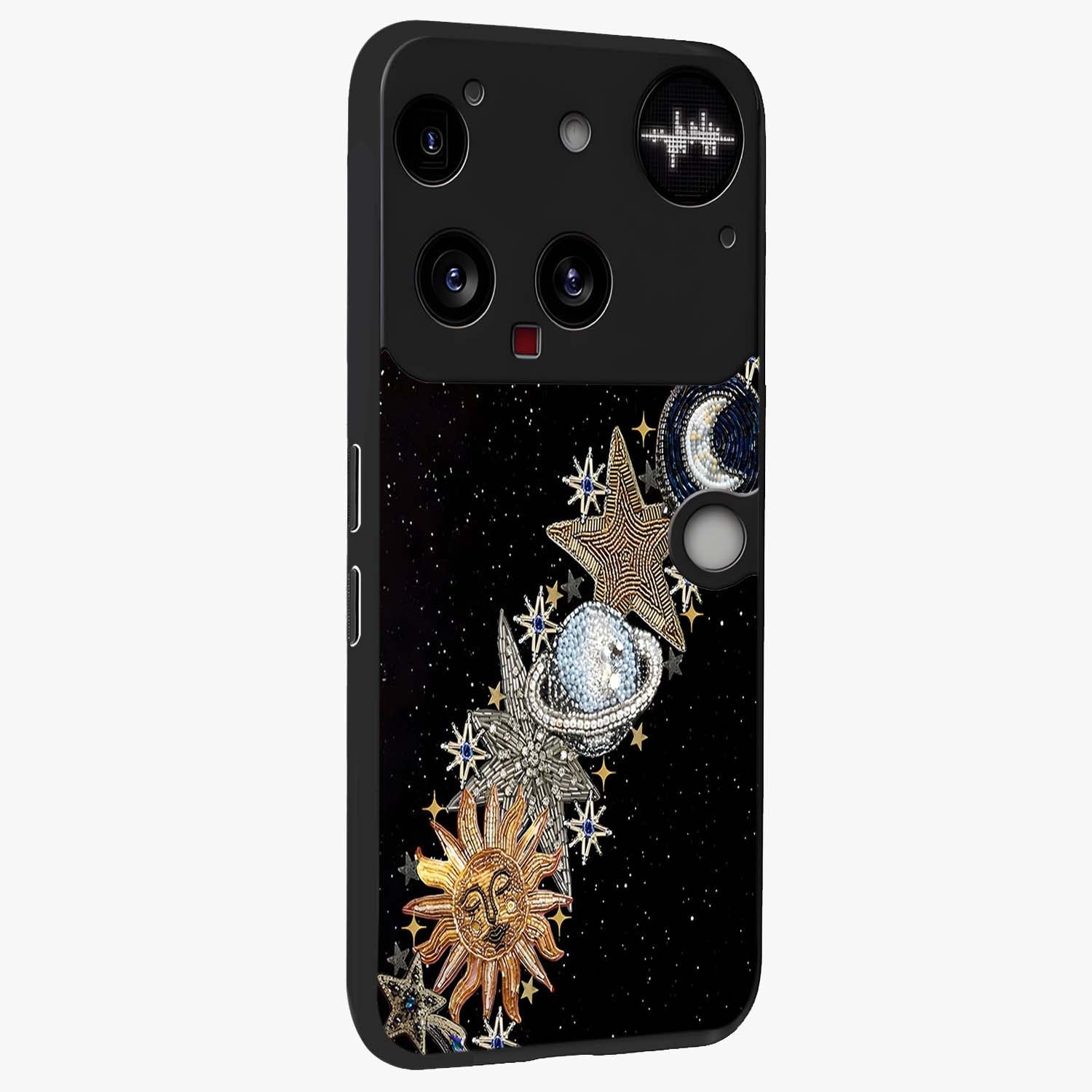 Pearls Universe Object Glass Case upright view showcasing decorative pearl themed artwork with cosmic elegance.