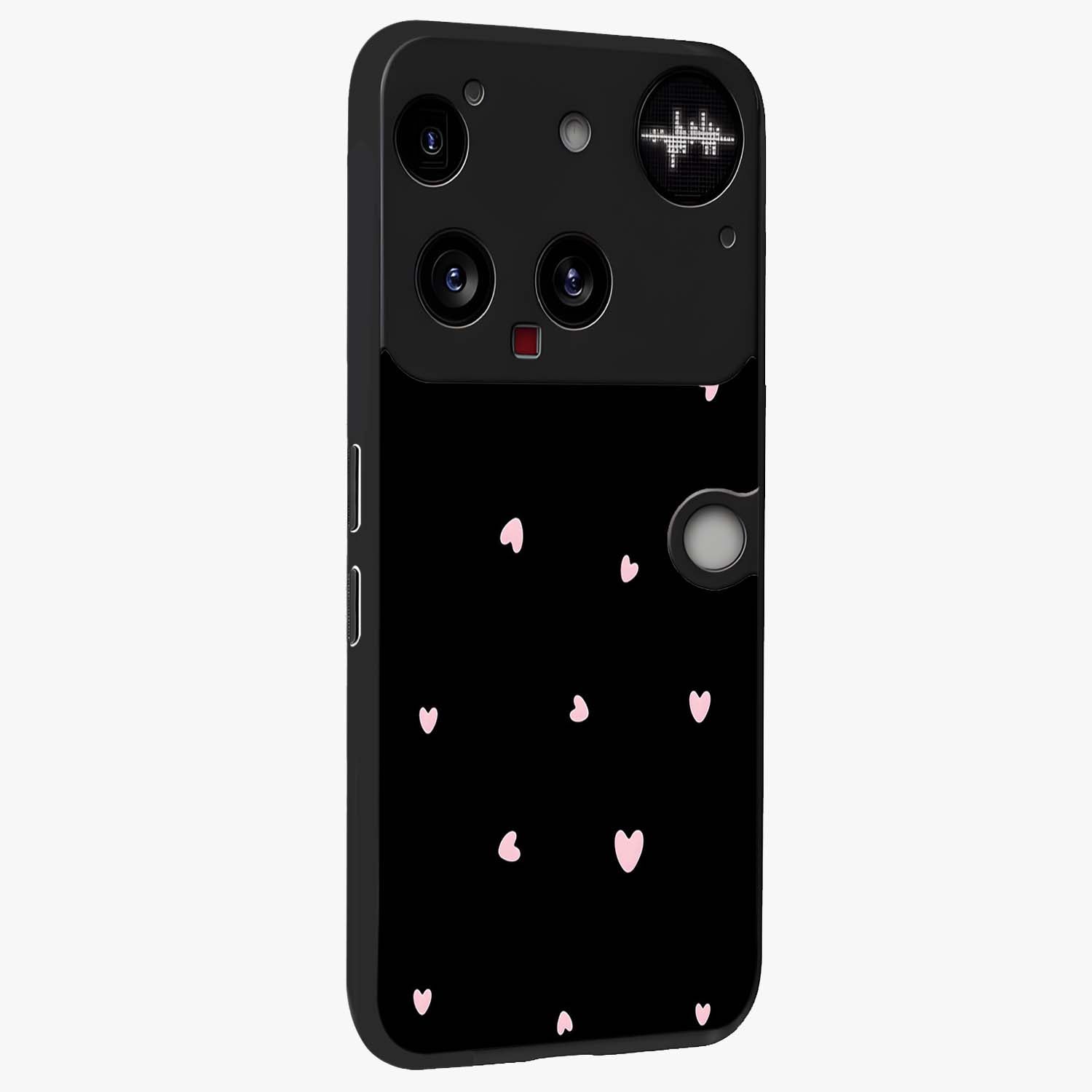 Pink Love Drops Glass Case upright view showcasing charming heart drop artwork with romantic playful theme.