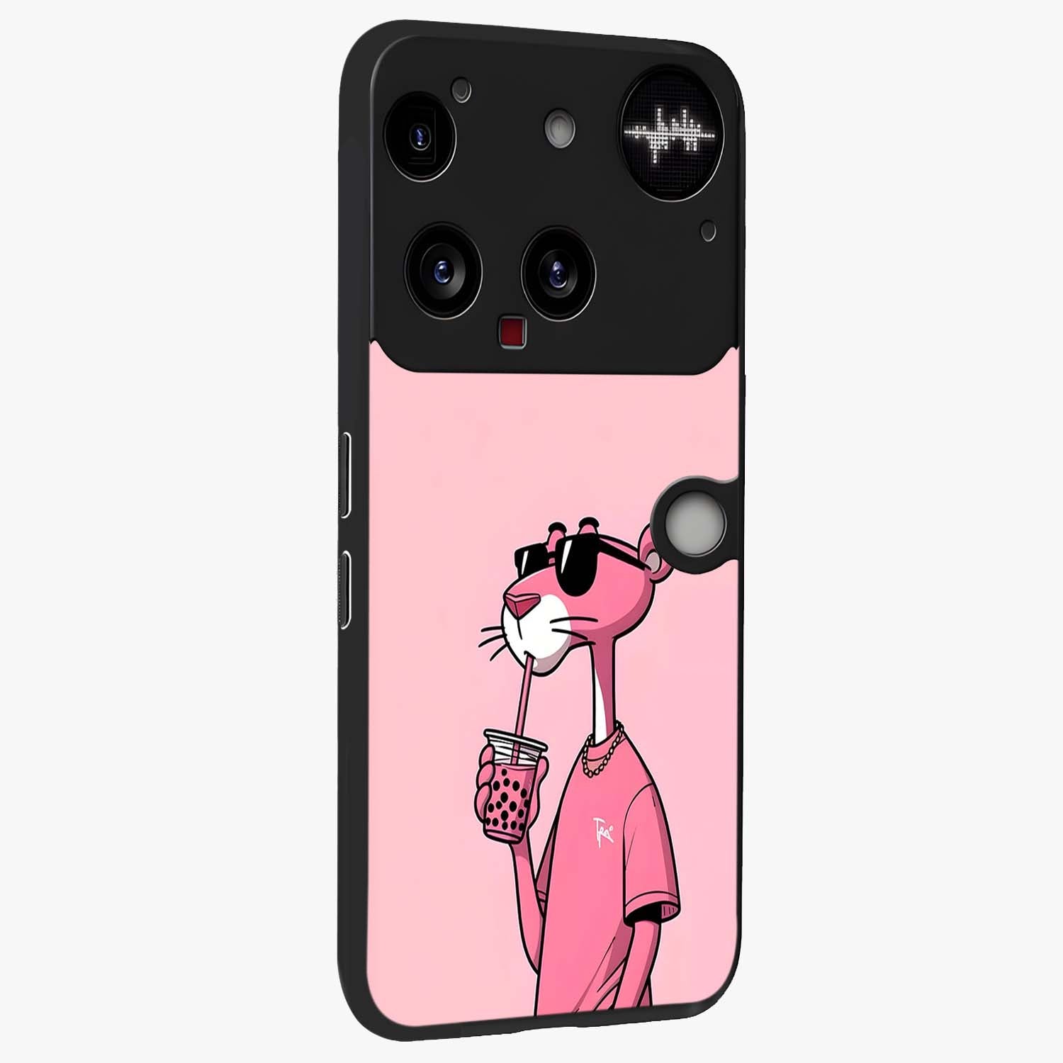 Pink Panther Glass Case upright view showcasing fun animated artwork with stylish retro cartoon theme.