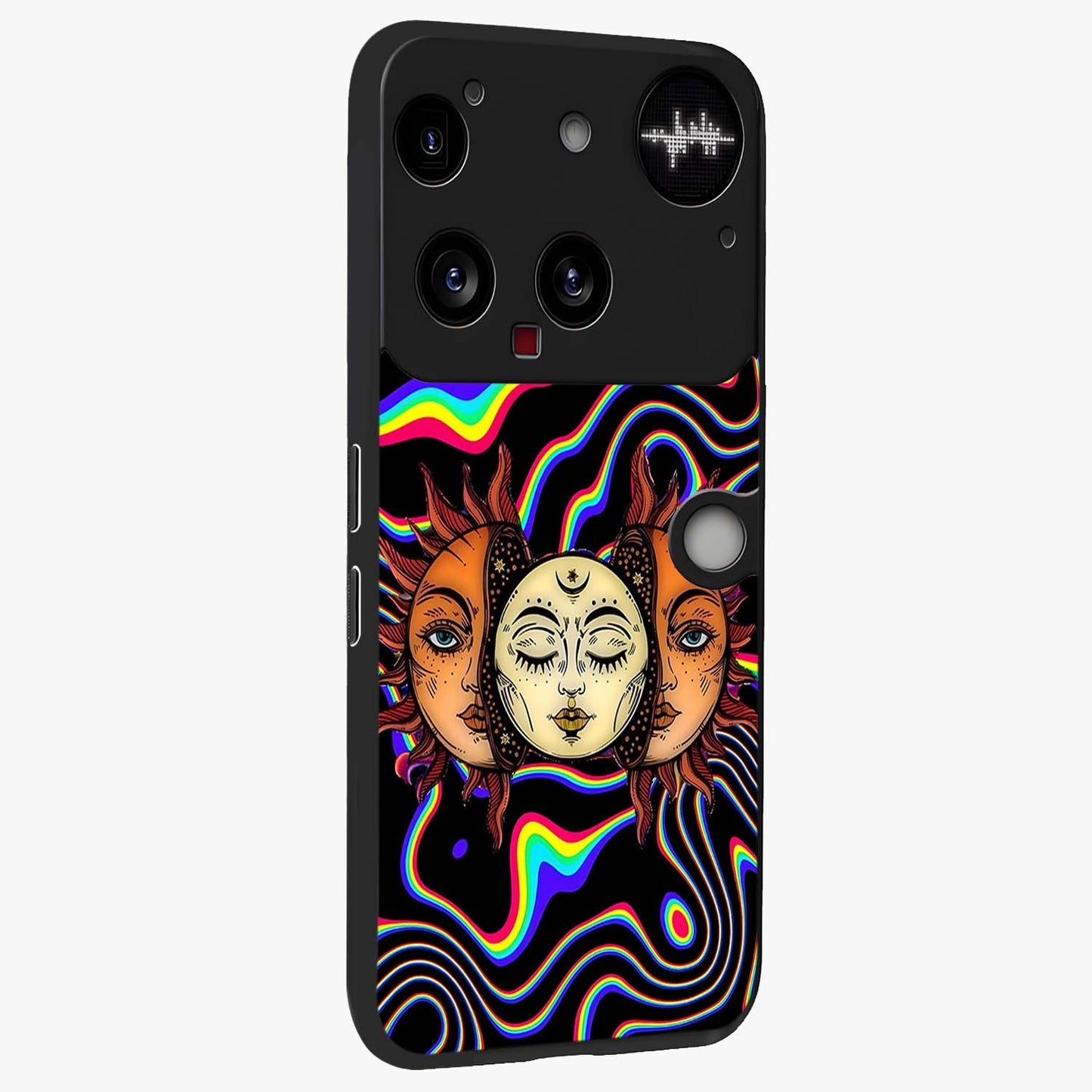 Psychedelic Sun Glass Case upright view showcasing trippy sun artwork with bold psychedelic theme.