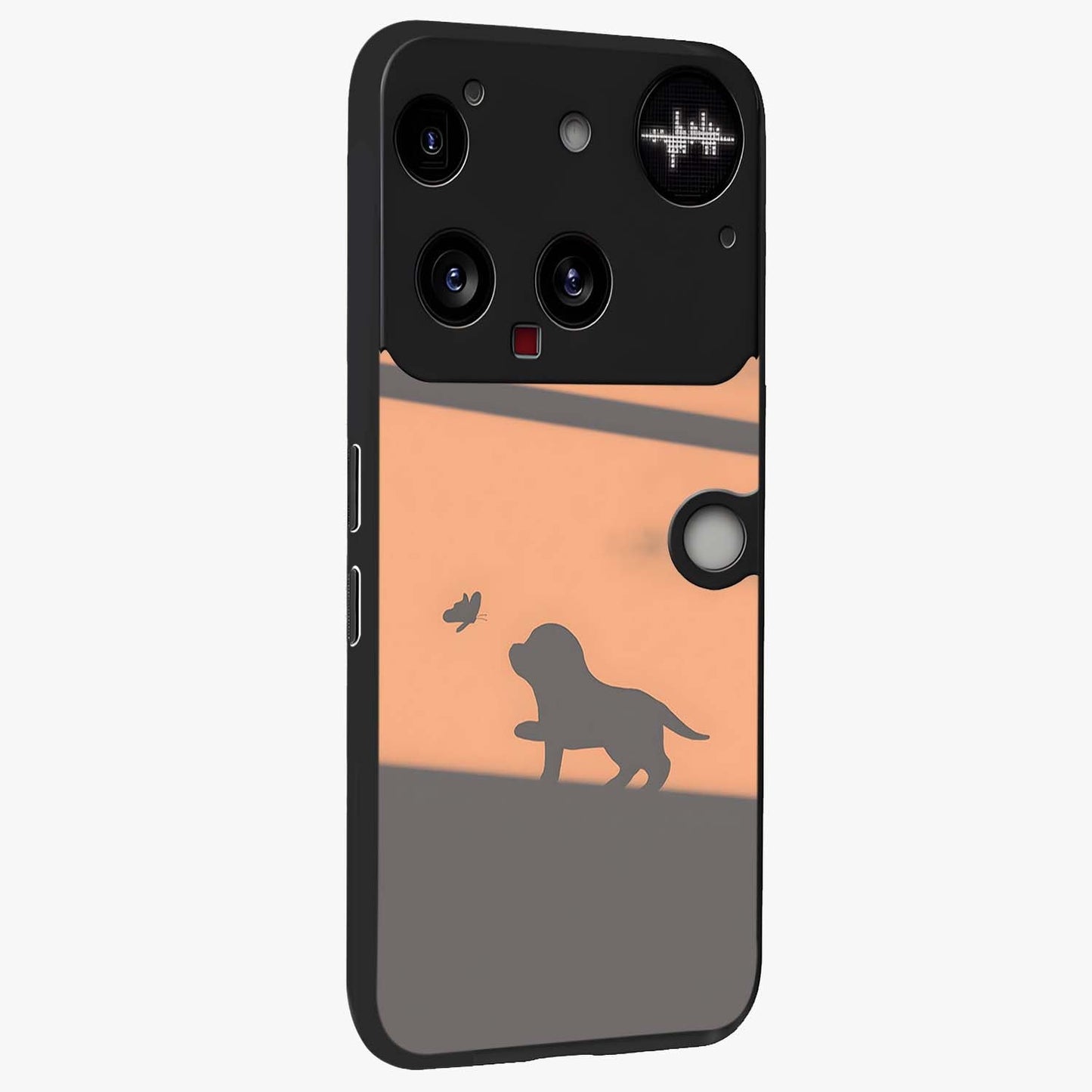 Puppy Shadow Art Glass Case upright view showcasing charming puppy artwork with creative silhouette theme.