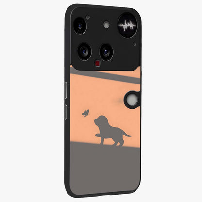 Puppy Shadow Art Glass Case upright view showcasing charming puppy artwork with creative silhouette theme.