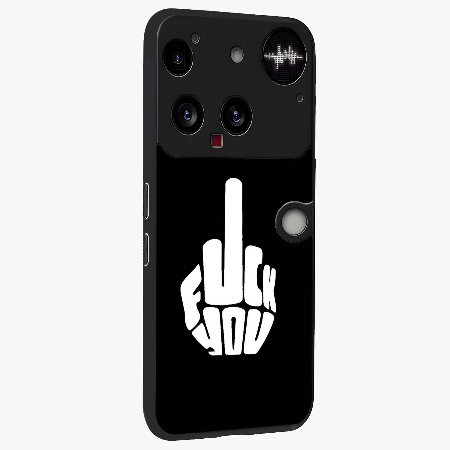 Rebel Mode On Glass Case upright view showcasing striking statement artwork with bold rebellious theme.