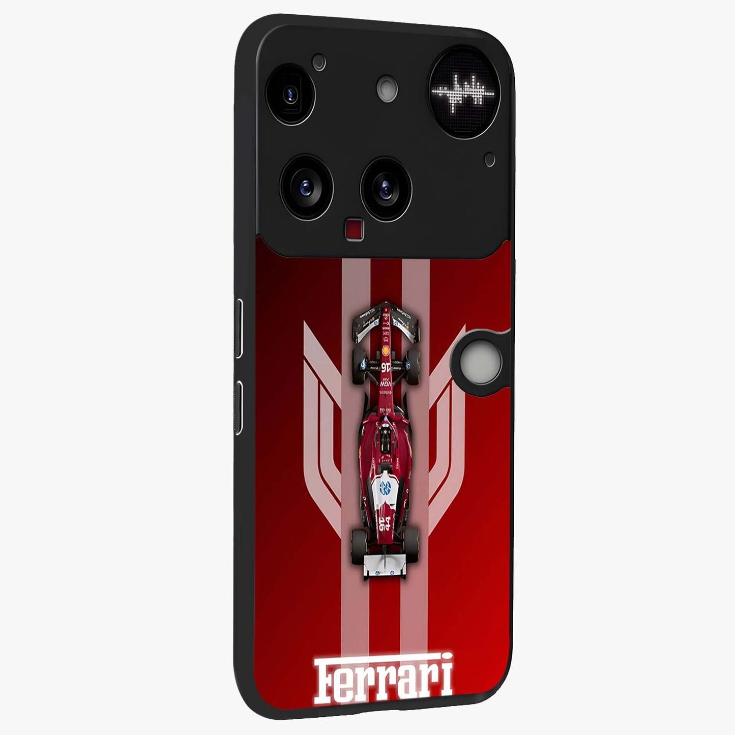 Red Ferrari F1 Vertical Glass Case upright view showcasing powerful Formula car artwork with dynamic motorsport theme.