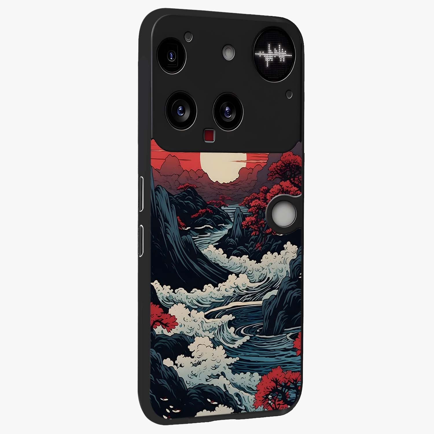 Red Sunset Scenery Glass Case upright view showcasing dramatic sunset scenery artwork with warm nature theme.