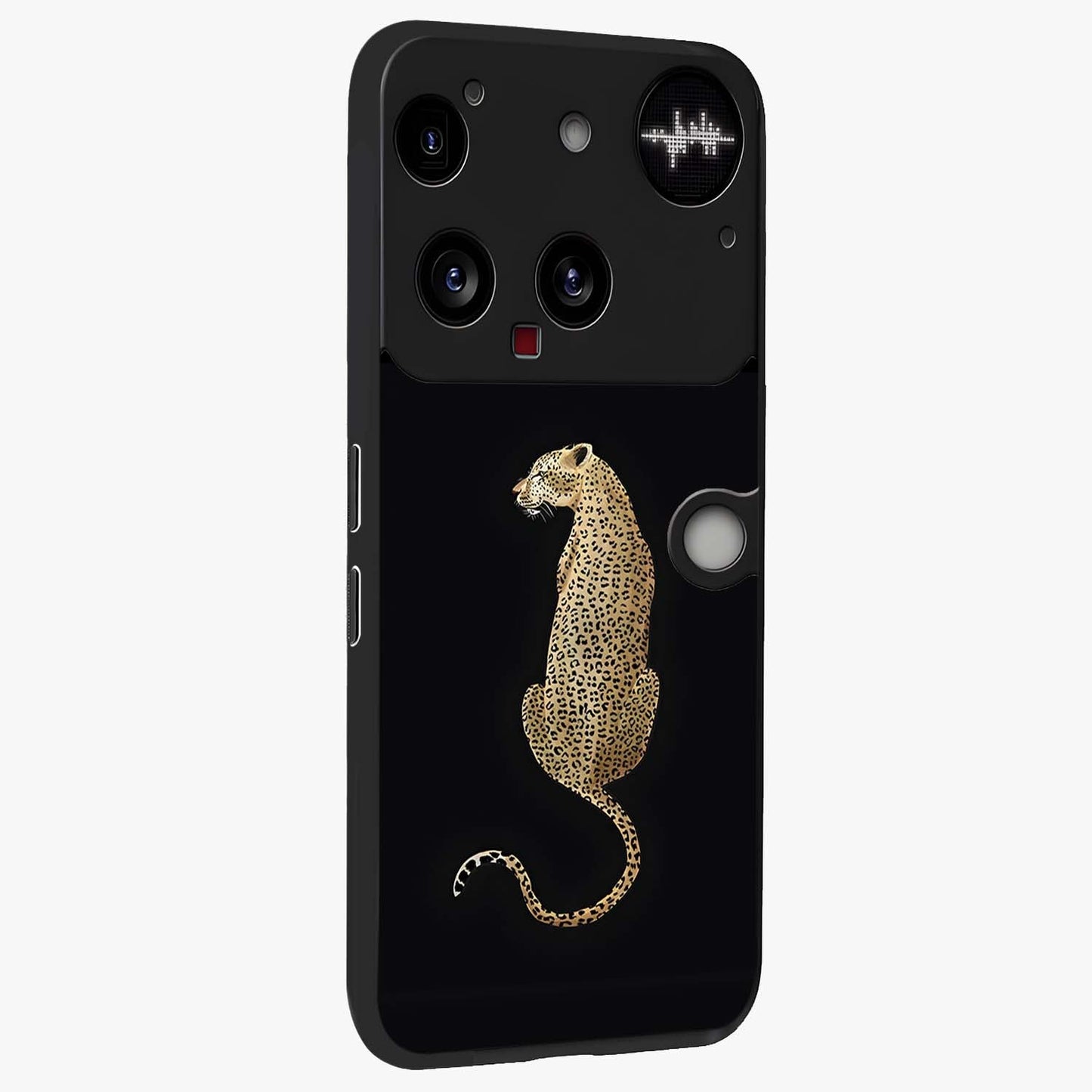 Regal Leopard Glass Case upright view showcasing striking leopard artwork with fierce wildlife theme.