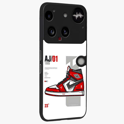 Retro Sneaker Blueprint Glass Case upright view showcasing stylish sneaker illustration with vintage streetwear theme.