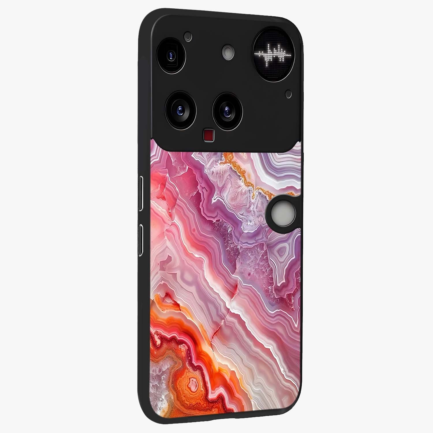 Rose Quartz Marble Glass Case upright view showcasing decorative marble artwork with luxurious pastel theme.