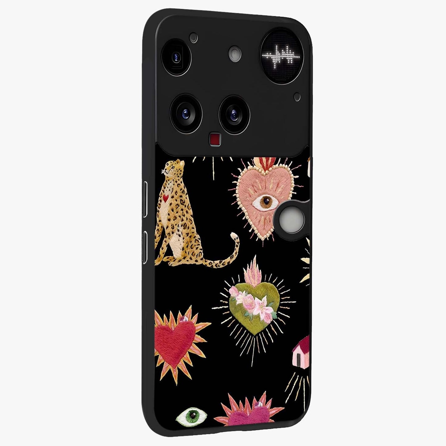 Sacred Jungle Heart Glass Case upright view showcasing vibrant jungle artwork with symbolic heart theme.