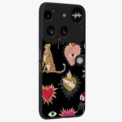 Sacred Jungle Heart Glass Case upright view showcasing vibrant jungle artwork with symbolic heart theme.