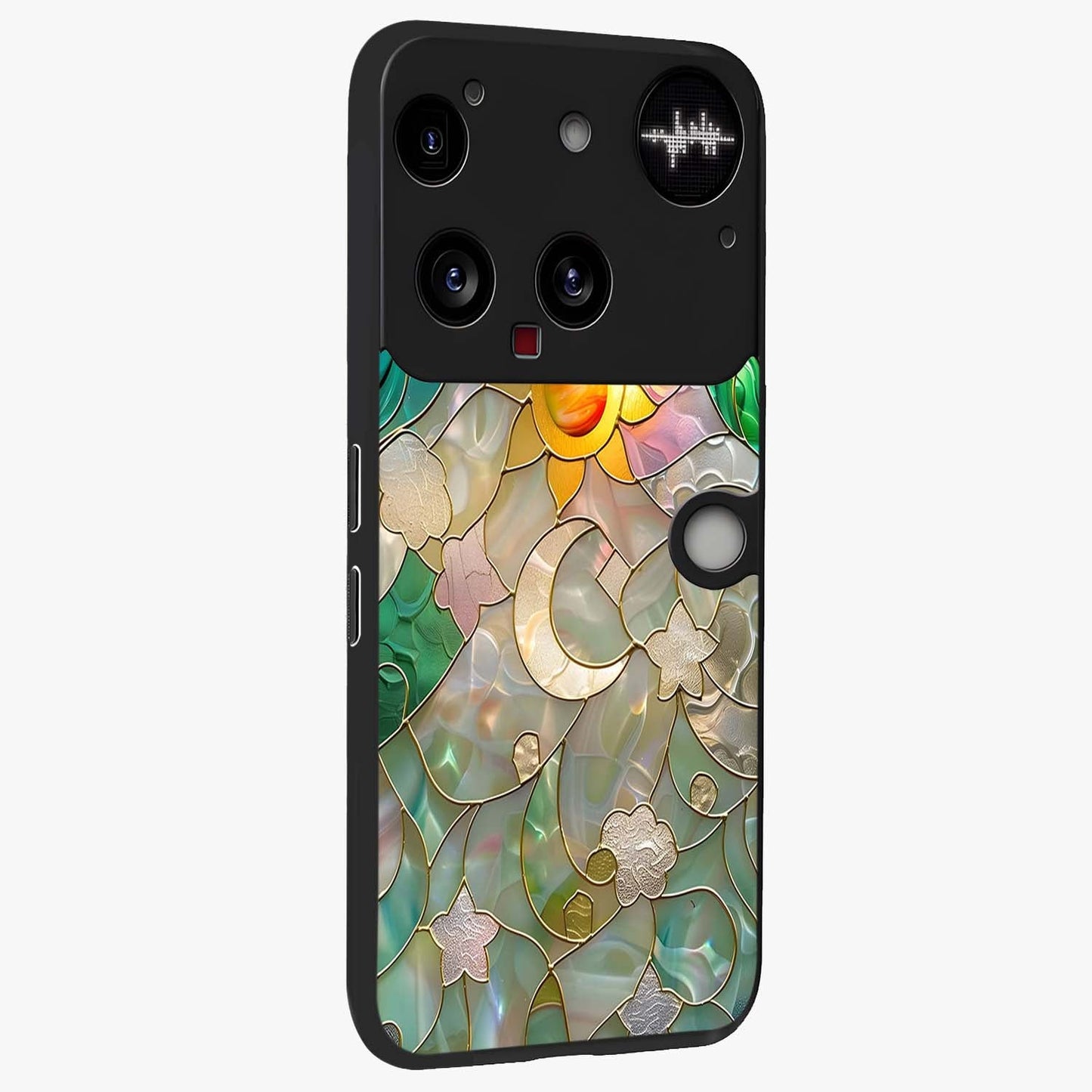 Stained Sunrise Glow Glass Case upright view showcasing colorful sunrise artwork with warm morning theme.