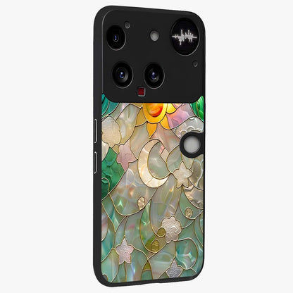 Stained Sunrise Glow Glass Case upright view showcasing colorful sunrise artwork with warm morning theme.