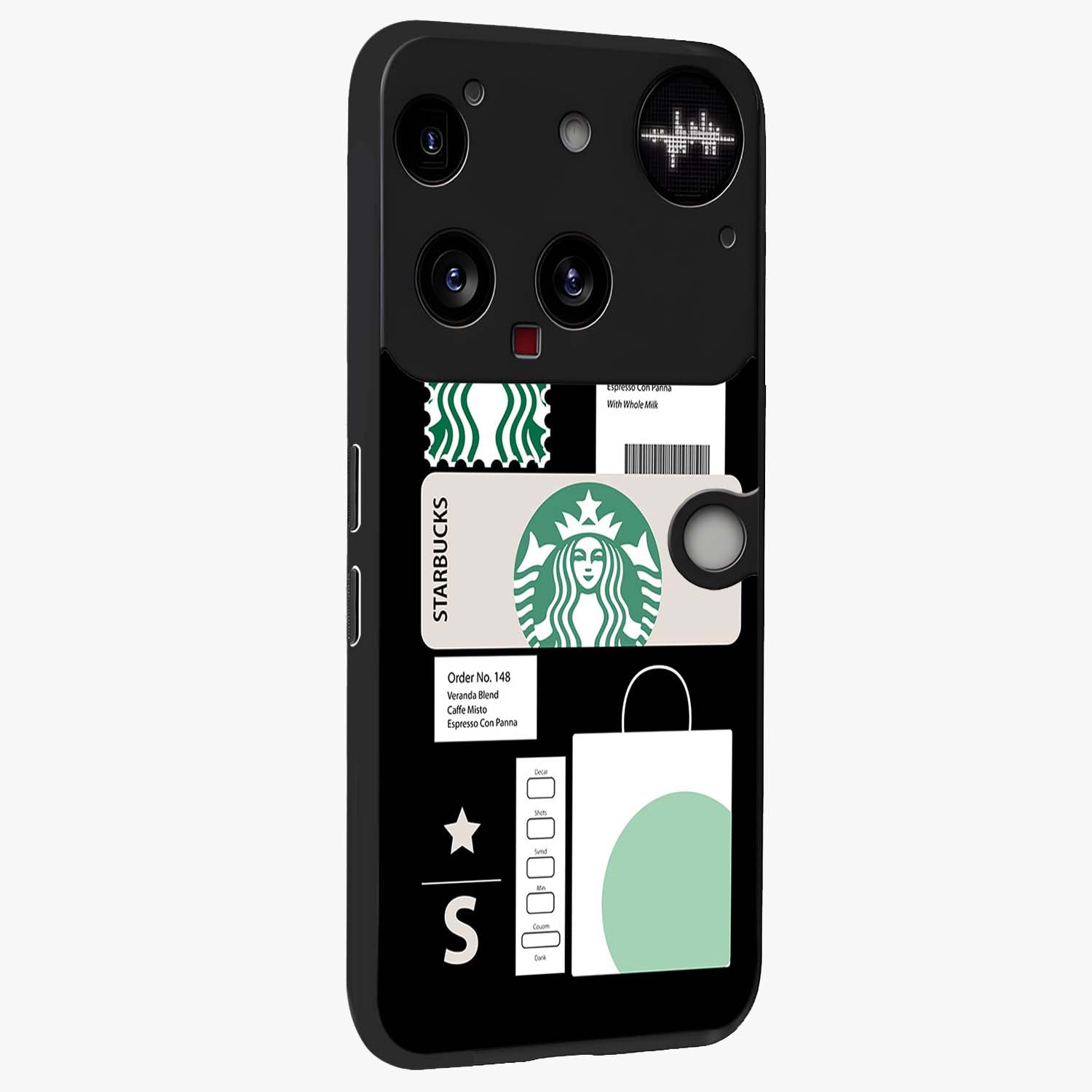 Starbucks Mocha Glass Case upright view showcasing trendy coffee inspired artwork with modern lifestyle theme.