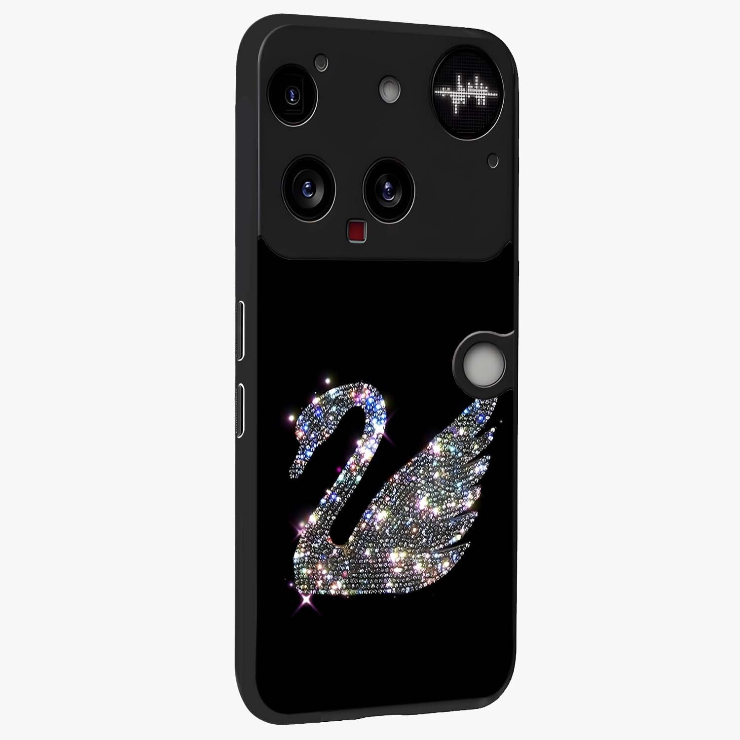 Starlit Swan Grace Glass Case upright view showcasing beautiful swan artwork with peaceful night themed design.