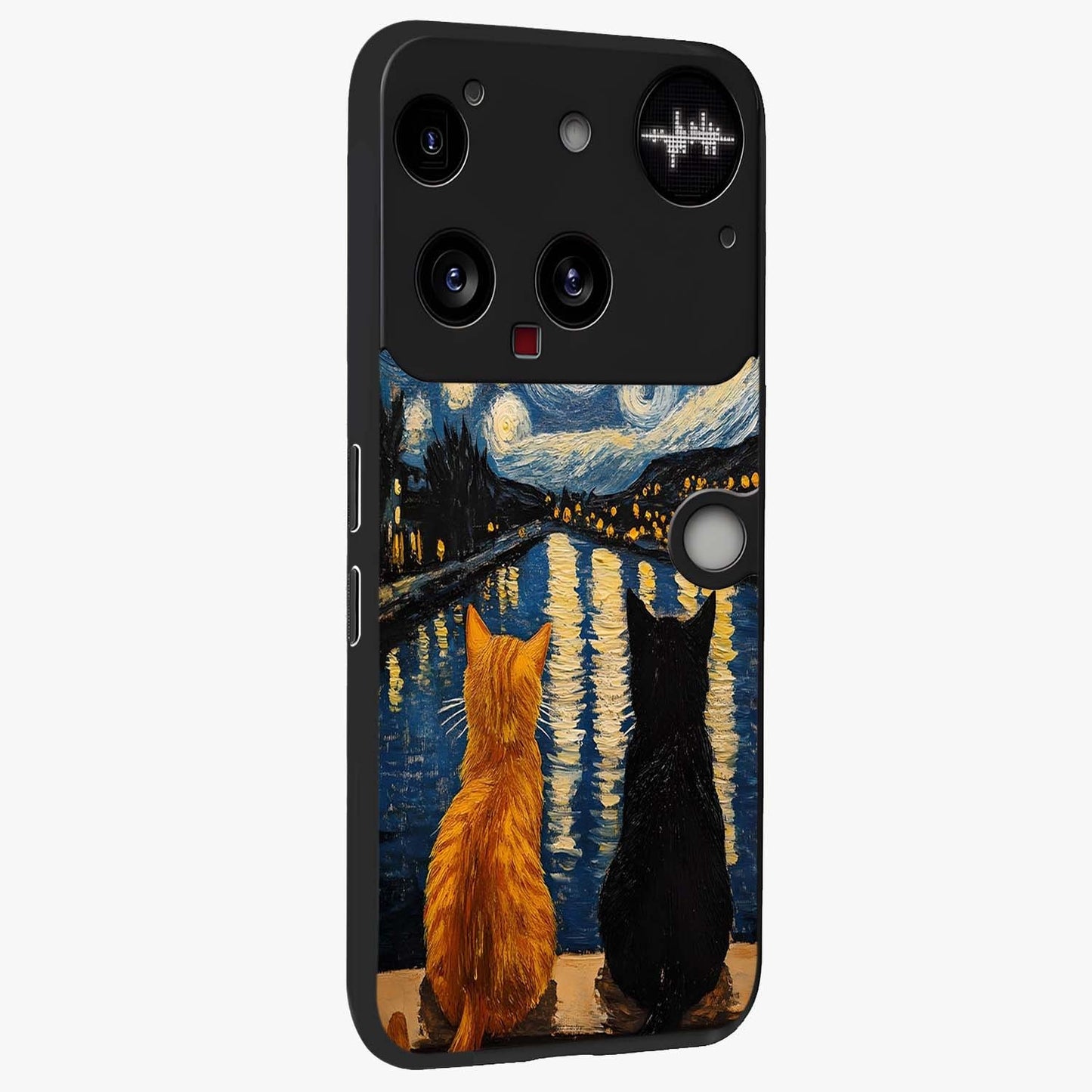 Starry River Cats Glass Case upright view showcasing adorable cat artwork with magical river and stars theme.