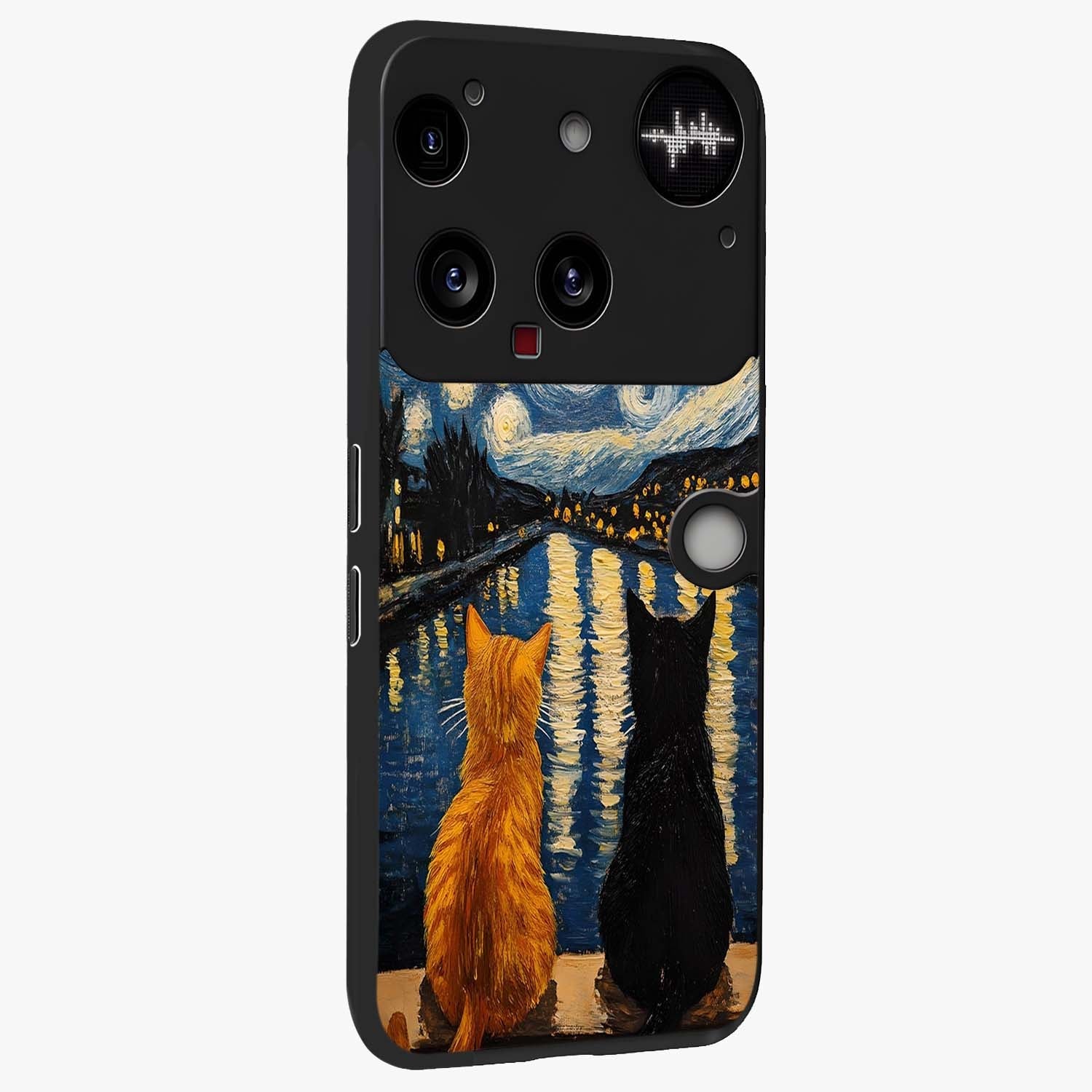 Starry River Cats Glass Case upright view showcasing adorable cat artwork with magical river and stars theme.
