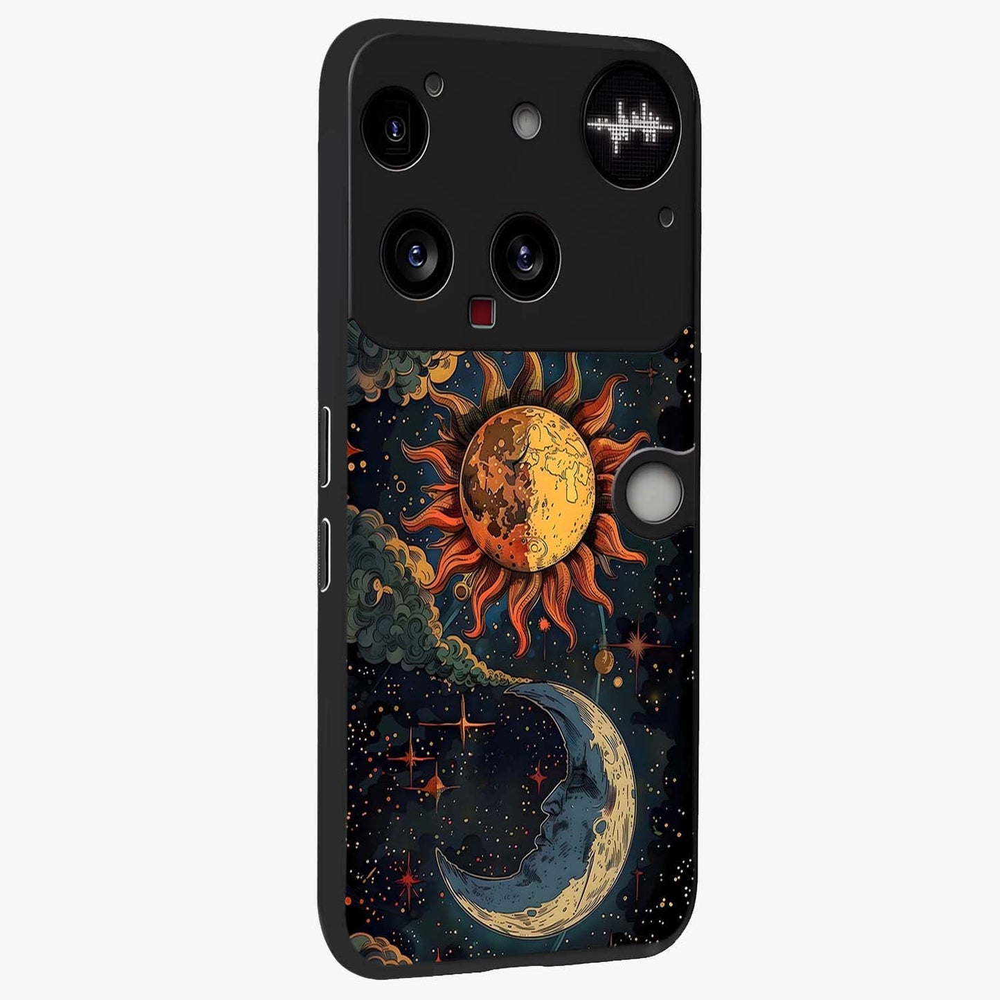 Sun And Moon Magic Design Glass Case upright view showcasing decorative sun and moon artwork with spiritual celestial theme.