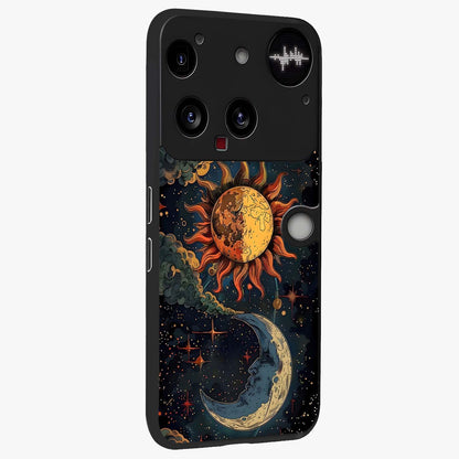 Sun And Moon Magic Design Glass Case upright view showcasing decorative sun and moon artwork with spiritual celestial theme.