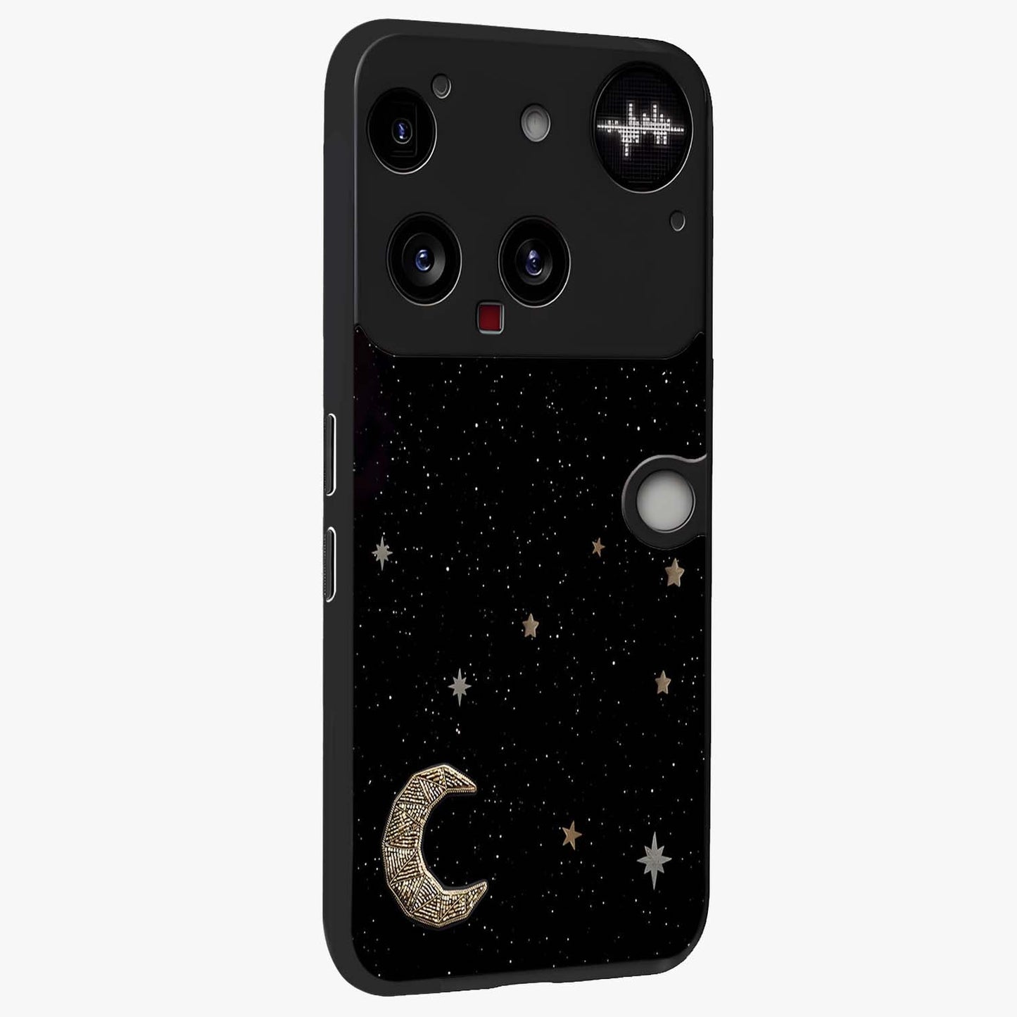 Twinkle Star With Half Moon Glass Case upright view showcasing glowing cosmic artwork with dreamy night theme.