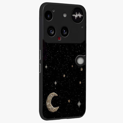 Twinkle Star With Half Moon Glass Case upright view showcasing glowing cosmic artwork with dreamy night theme.