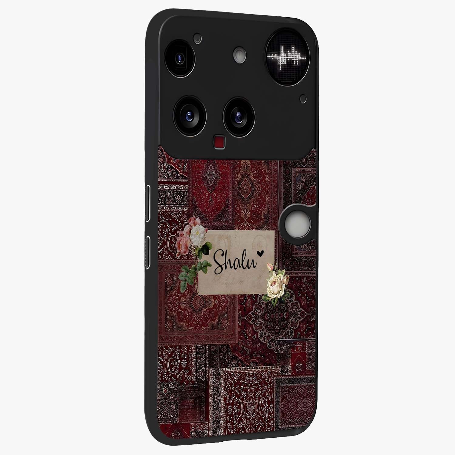 Velvet Wine Pattern Custom Name Glass Case upright view showcasing luxurious wine toned artwork with personalized aesthetic.