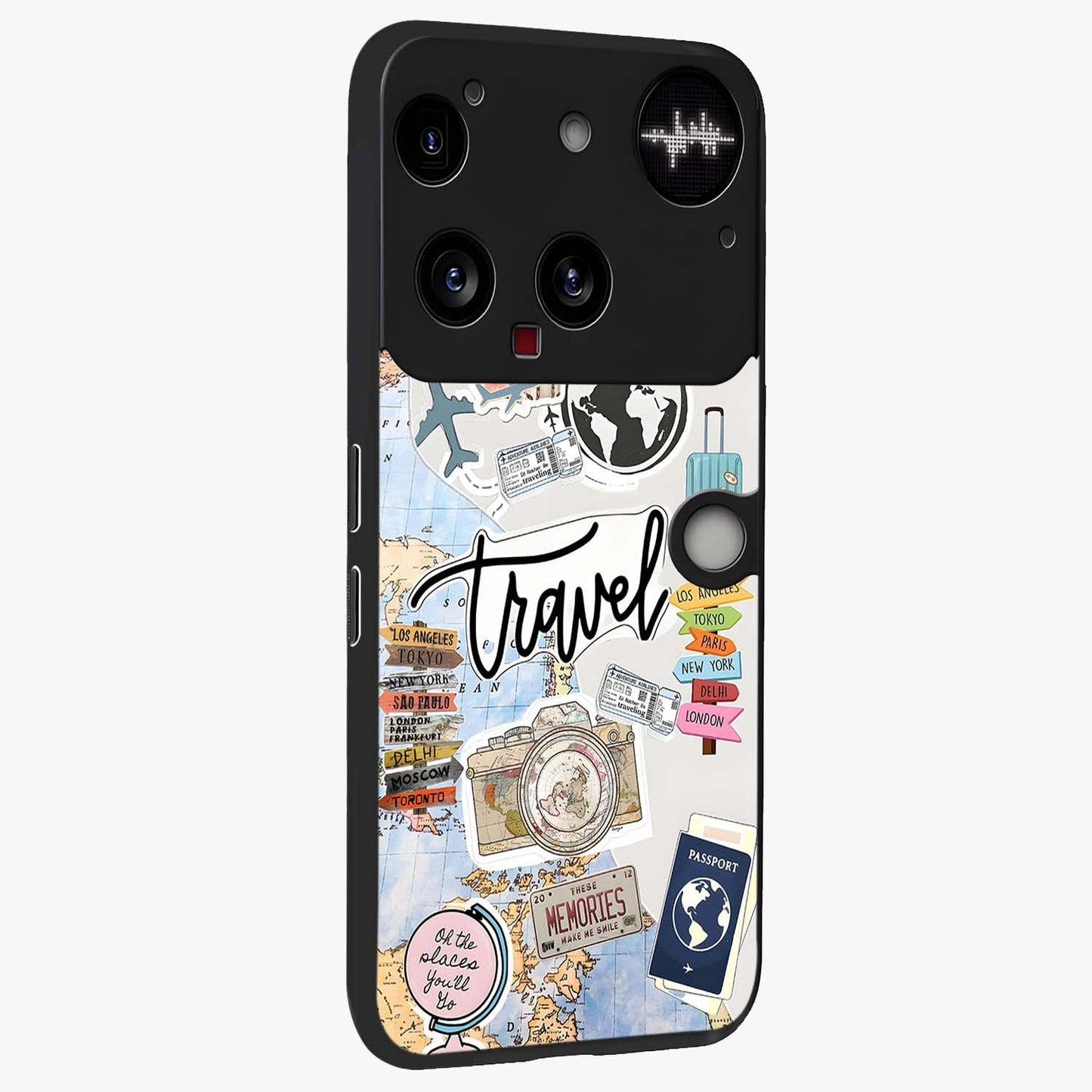 Wanderlust Journal Glass Case upright view showcasing wanderlust inspired artwork with creative exploration theme.