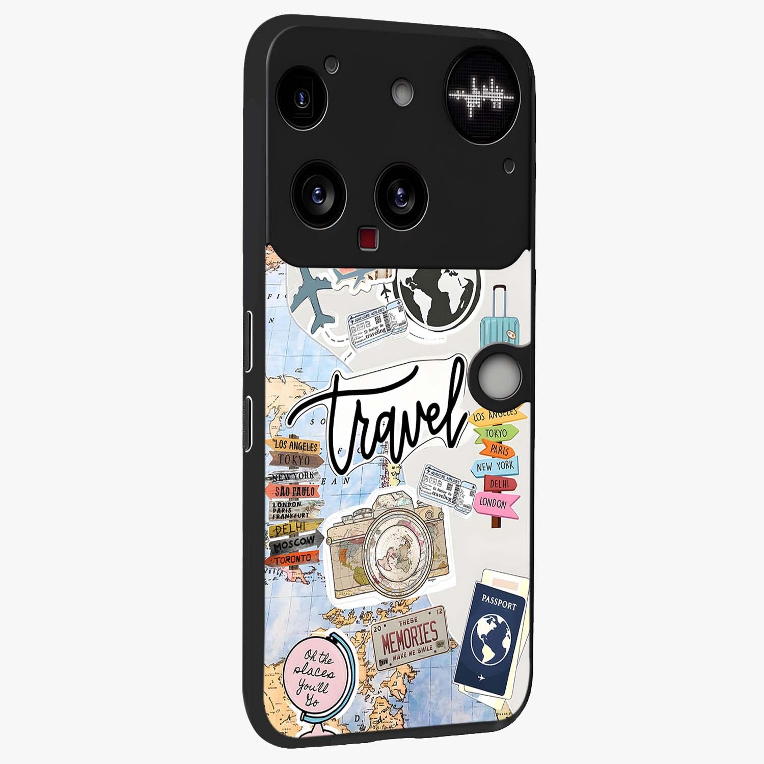Wanderlust Journal Glass Case upright view showcasing wanderlust inspired artwork with creative exploration theme.