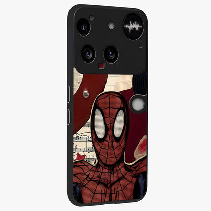Web Warrior Vibes Glass Case upright view showcasing energetic superhero artwork with bold action theme.