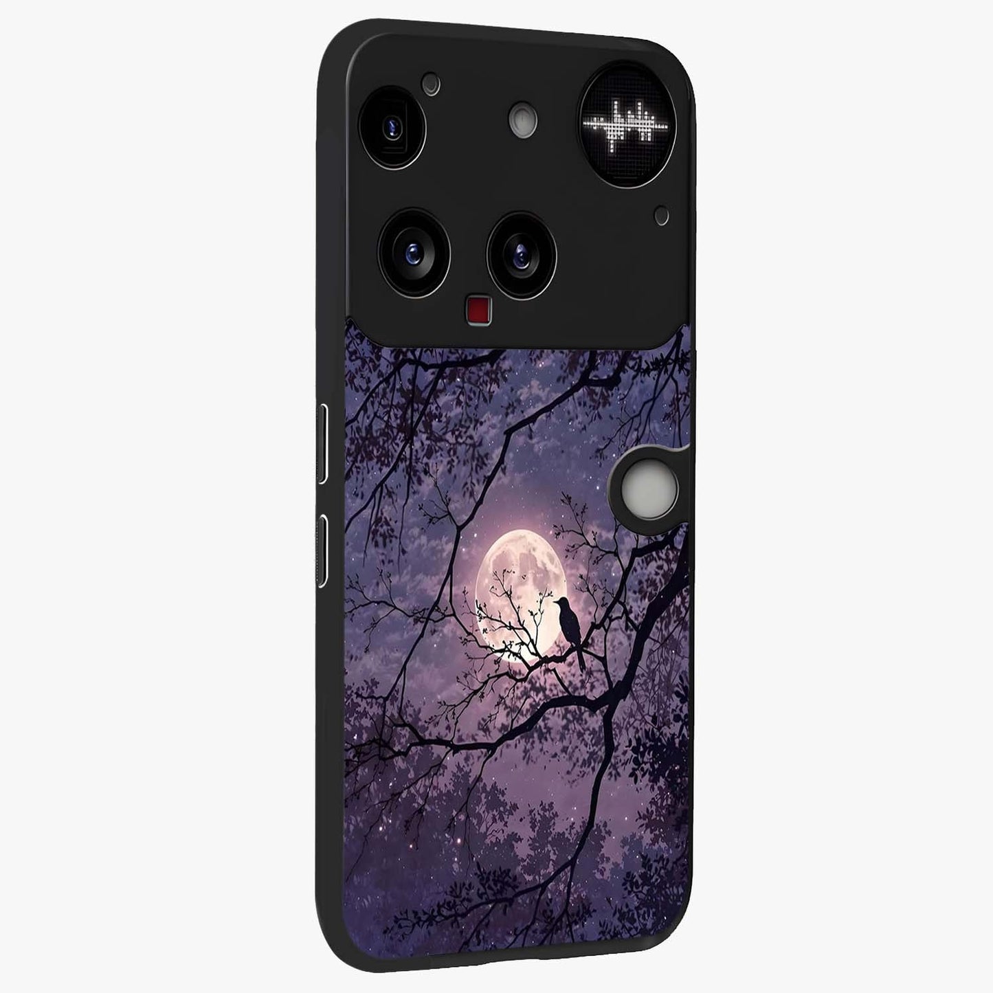 Whispering Moon Silence Glass Case upright view showcasing peaceful moon artwork with tranquil celestial theme.