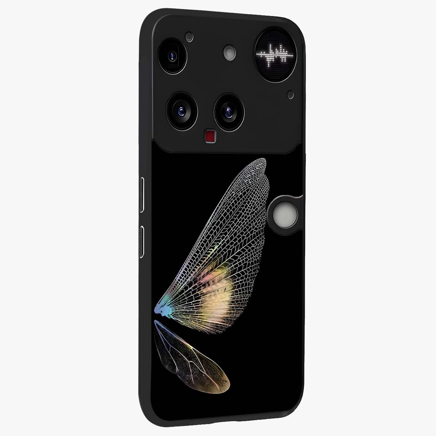 Whispers Of Wings Glass Case upright view showcasing elegant wing artwork with light airy theme.